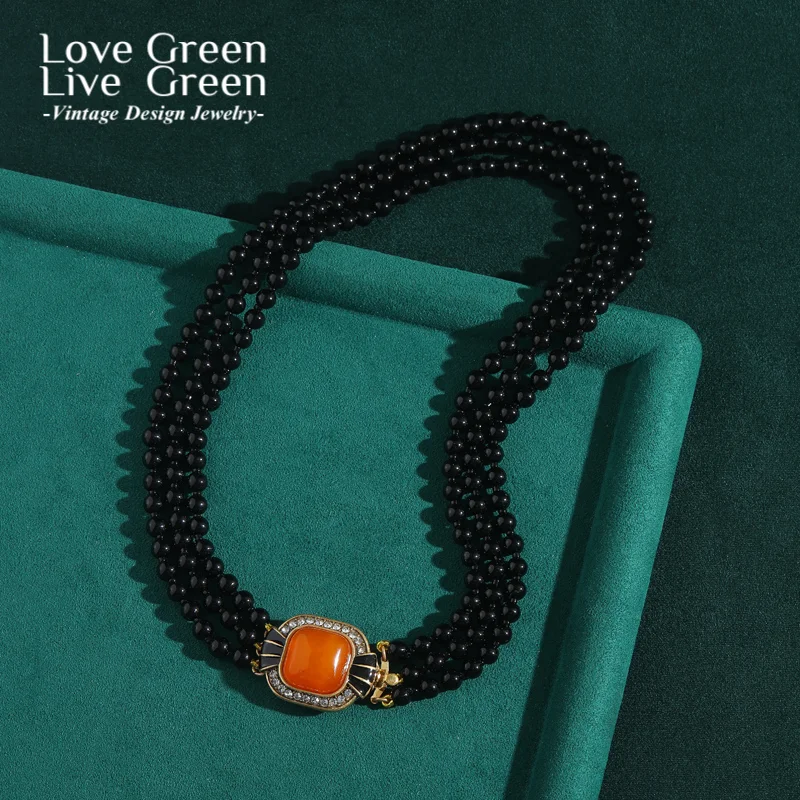 

Vintage Black Layered Beaded Necklace Jewellery Orange Square Candy Rhinestone Choker Pendant Accessories For Women Luxury 2025