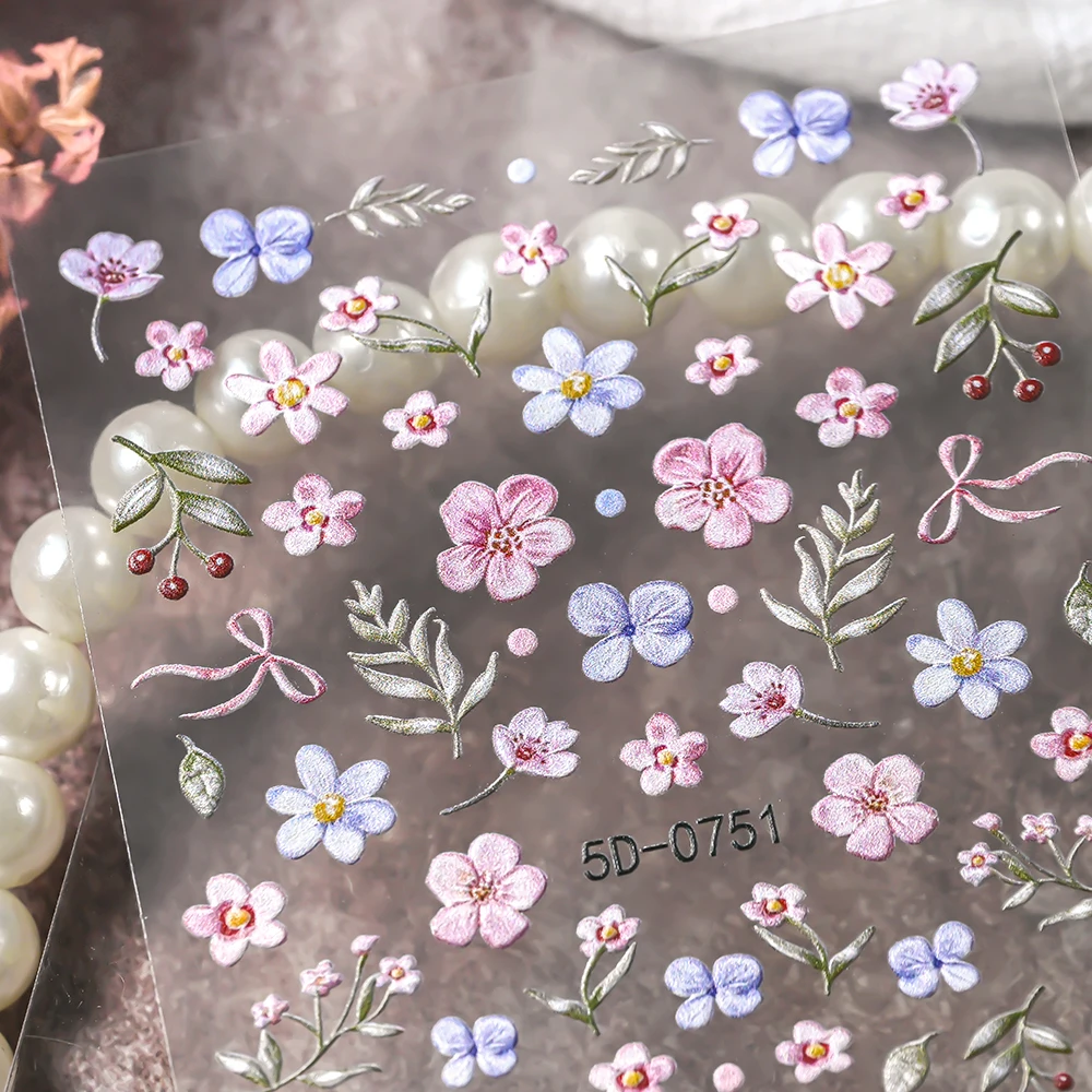 1pc 5D Embossed Sakura Daisy Flower Nail Art Stickers Pastel Floral & Leaf Nail Sliders DIY Manicure Daily & Party Decoration *#