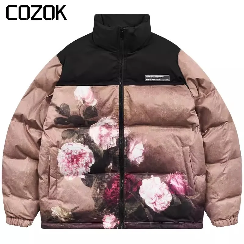 

Vintage Parkas Men Patchwork Harajuku Oil Painting Flower Print Cotton-Padded Jackets Warm Cold-proof Oversize Coats Unisex