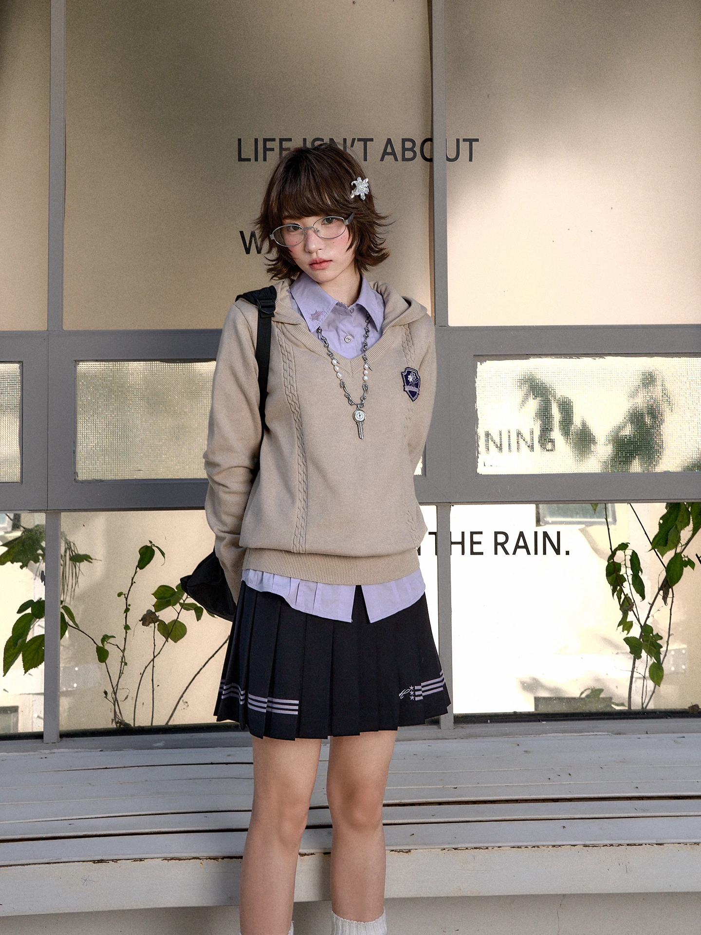 

Korean Sle Knitted Hat Coat Collar Splicing Sweater Loose Fit Long Sve V-Ne Zipper Closure Women's Autumn Winter Jaet