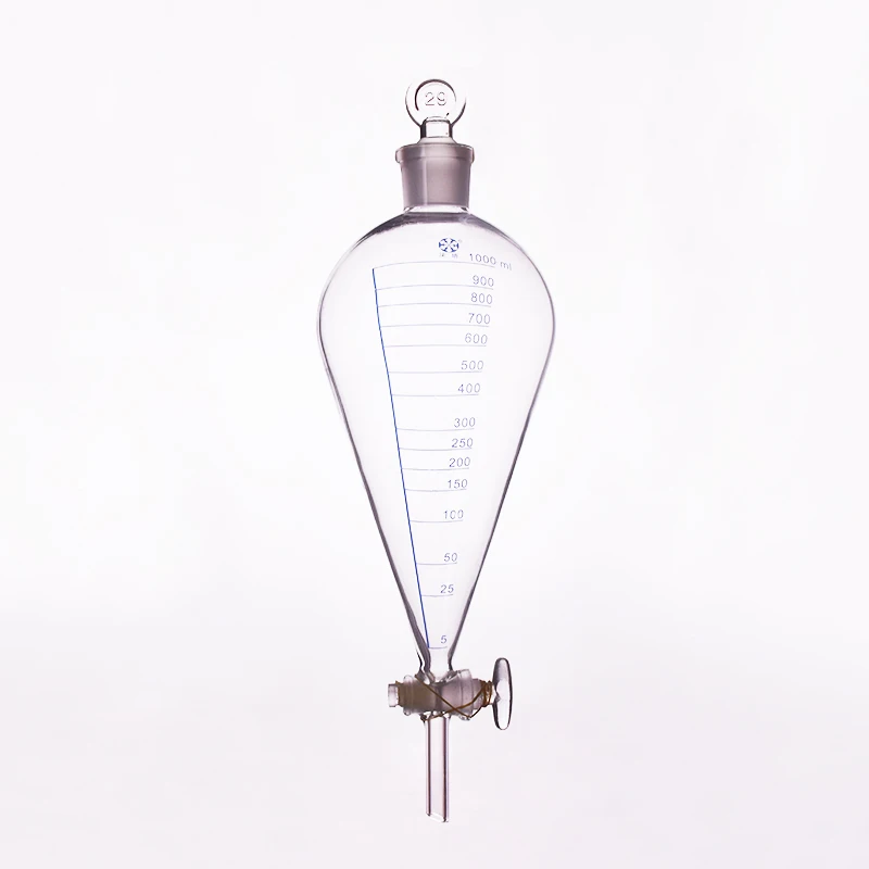 Separatory funnel pear shape,with ground-in glass stopper and stopcock,With tick marks,Capacity 1000ml 29/32,glass switch valve