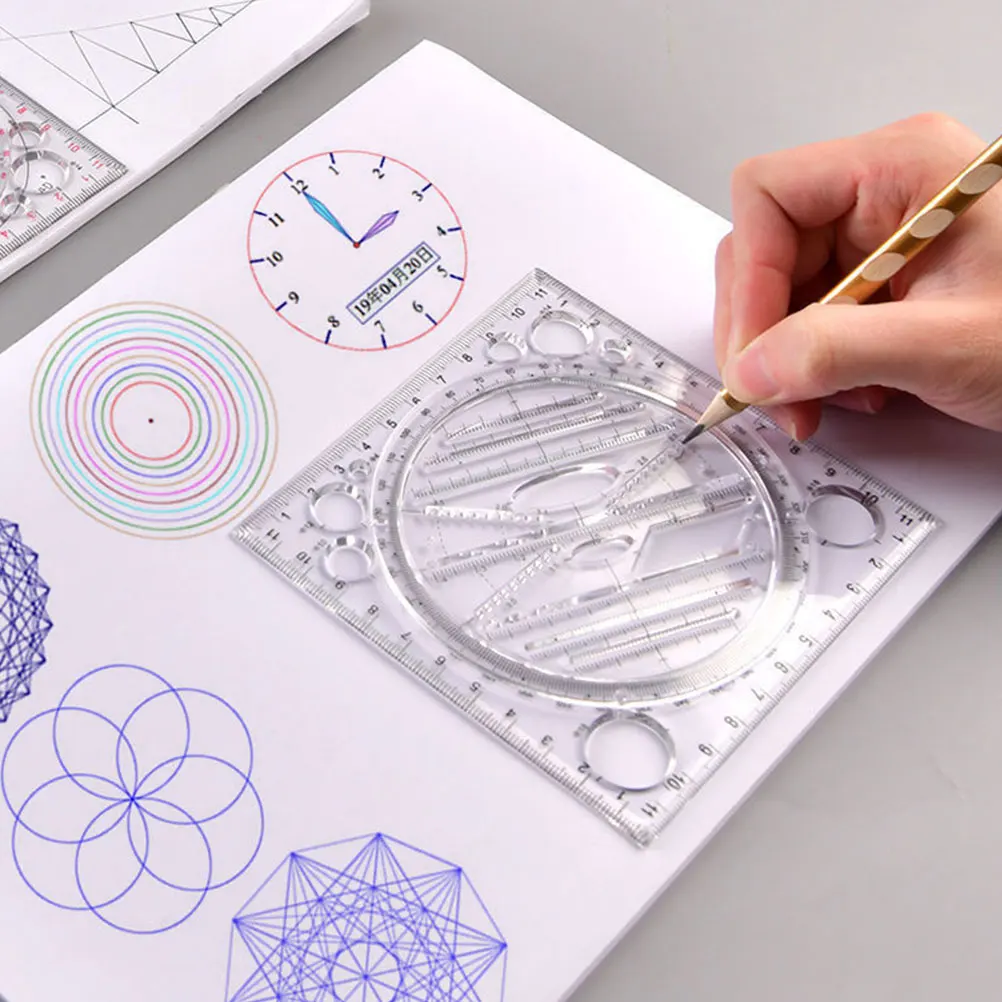 4Pcs Geometric Ruler Set Multipurpose Drawing Templates Plastic Protractor for Design Score Measurement