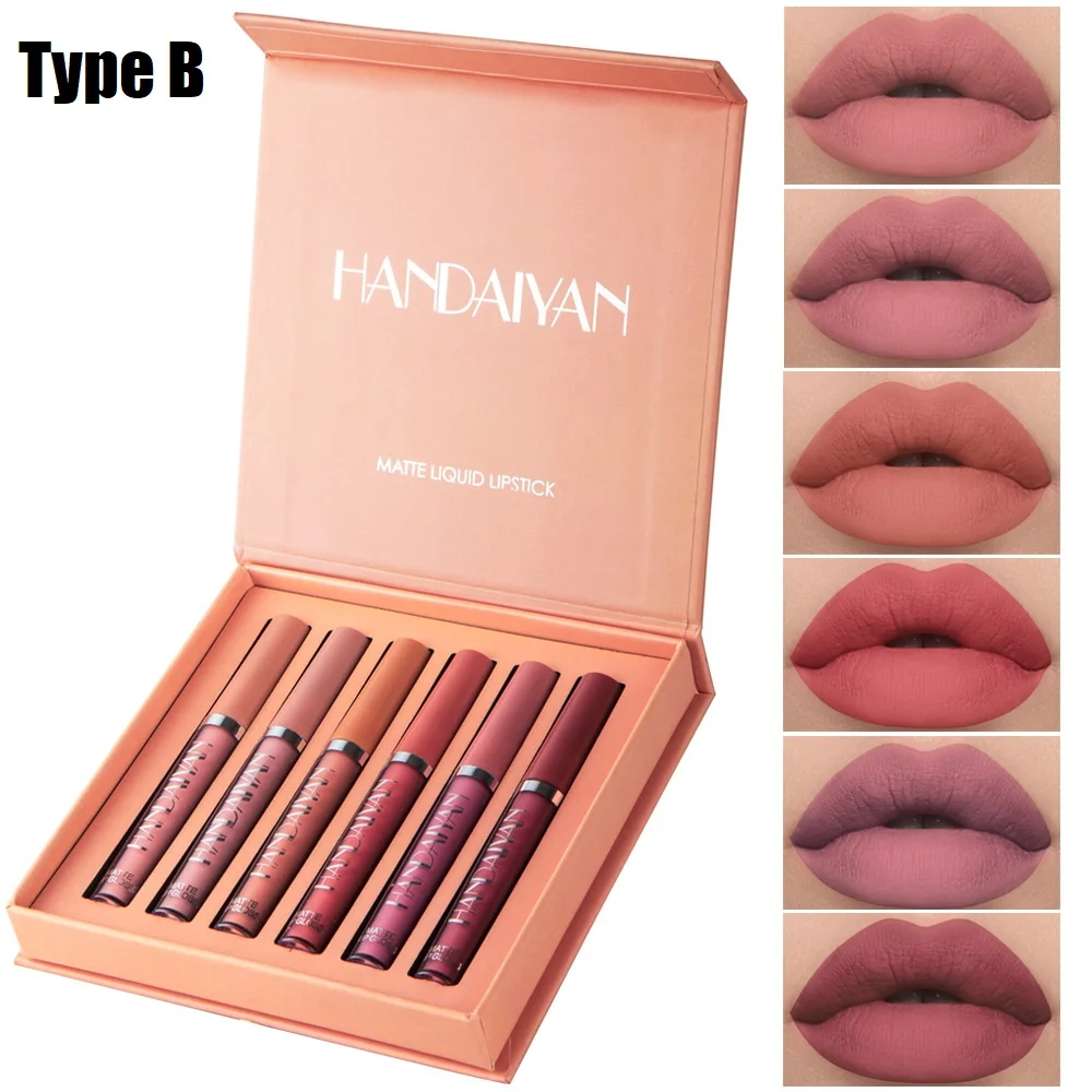 HANDAIYAN 6 Teile/satz Rot Flüssigen Lippenstift Samt Matte Lip Gloss Nude Make-Up Frauen Langlebig Wasserdicht Schönheit Kosmetik Werkzeug