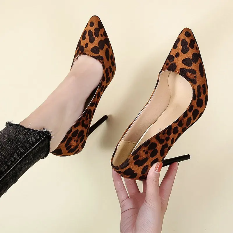 Red Rubber Bottom High Heels Shoes Women Pumps Flock Leopard Print Sexy Stilettos Party Heeled Designer Shoes Plus Big Size  44