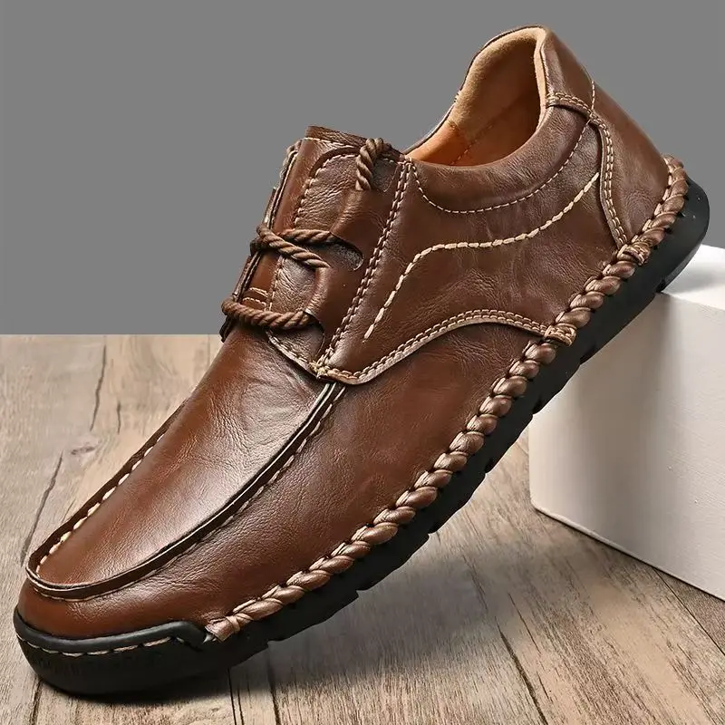 Men's Spring Autumn Leather Big Size Casual Shoes Low Top Soft Sole Anti-Skid Hand Stitched Lace Up Breathable Work Shoes