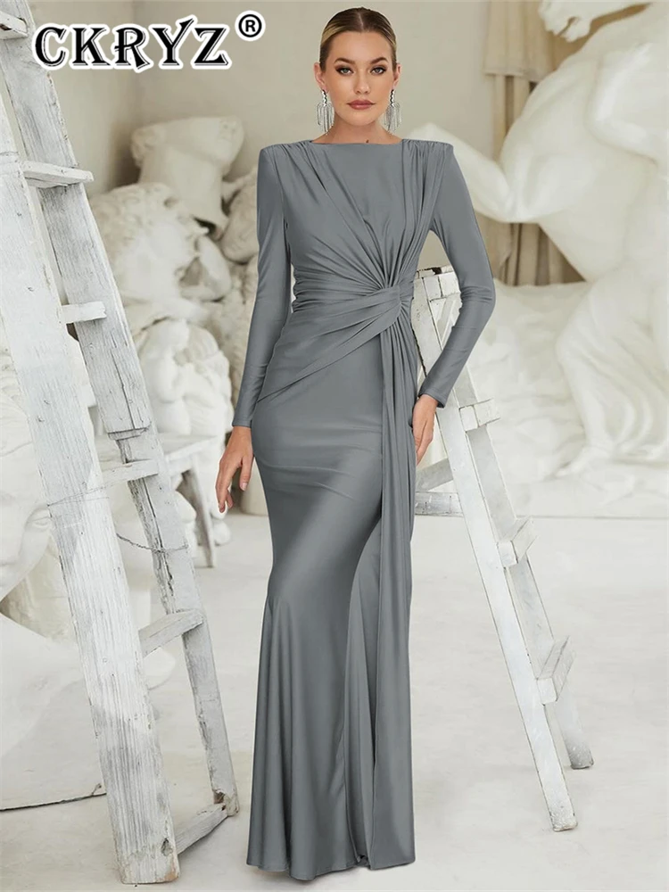 Damen Elegante Abend Party Kleid Frauen Lange Hülse O-ansatz Geraffte Mode Lange Kleider Frau Nachtclub Streetwear Herbst Outfit