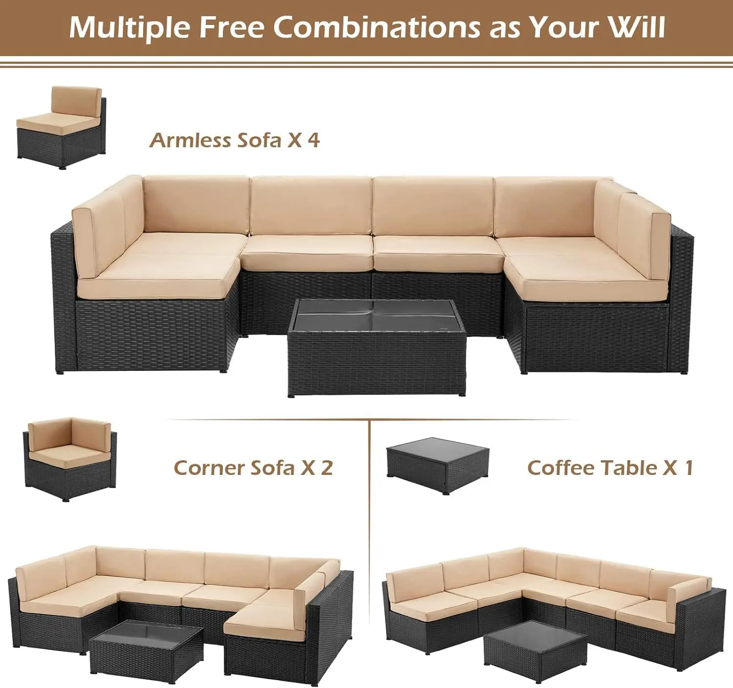 7-Piece Outdoor Patio Set, PE Rattan Wicker Sectional Sofa with Cushions & Tea Table, Black & Beige, All-Weather