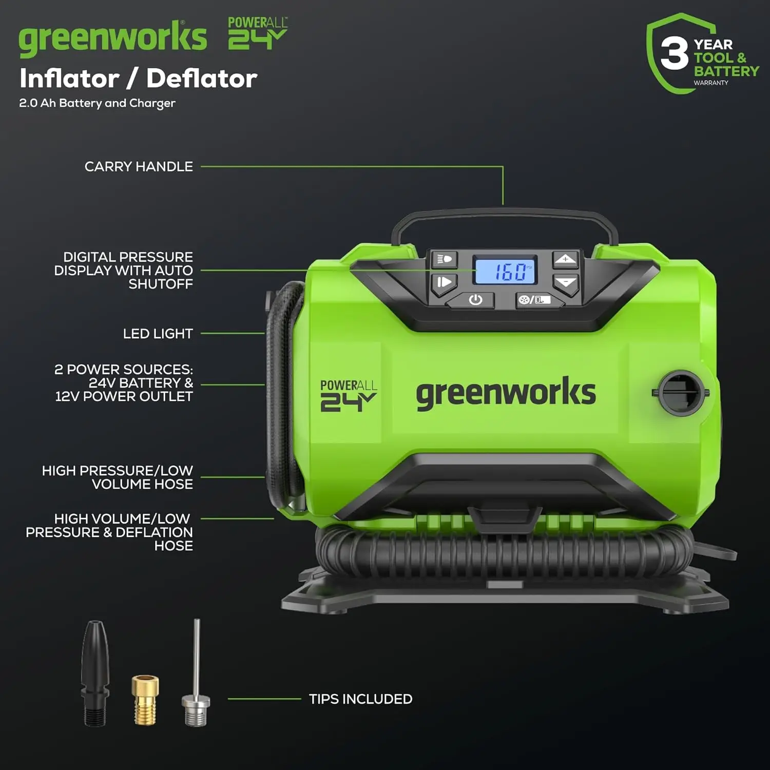 Greenworks 24V Cordless Tire Inflator 160 PSI Portable Air Compressor Auto Shut 2 Power Sources for Car Motorcycle Power Tools