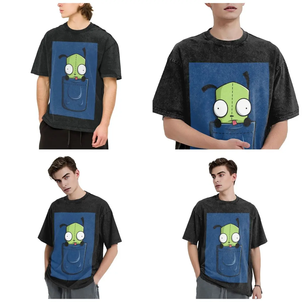 Pocket Spare Parts Invader Zim Gir Hip Hop Short Sleeve T-Shirts Washed Tops Tees Streetwear T Shirt Printed for Men Women