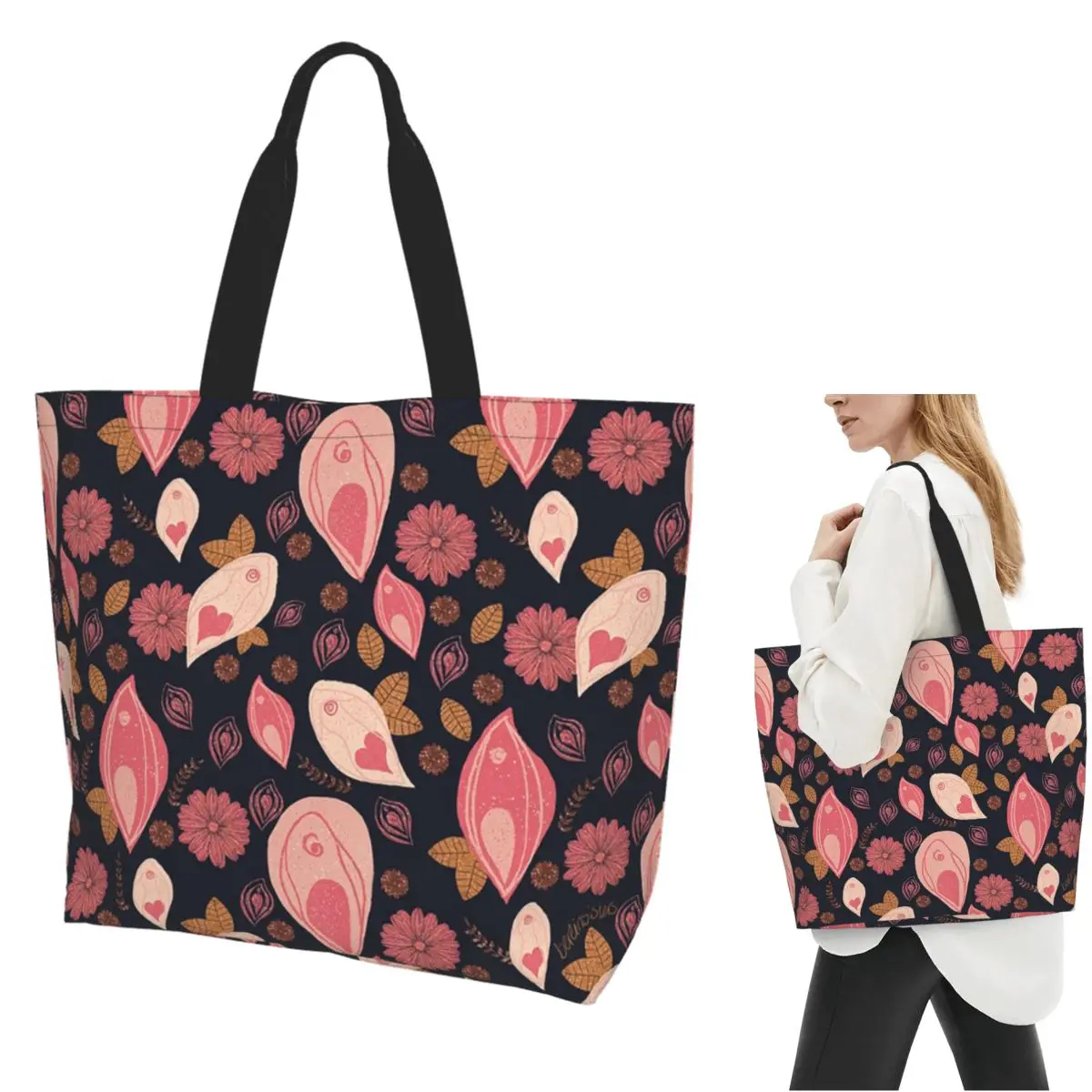 

Vulva Flower Pattern Shopping Tote Bag Canvas Large Capacity Shoulder Bags Shopper Grocery Handbag for Women