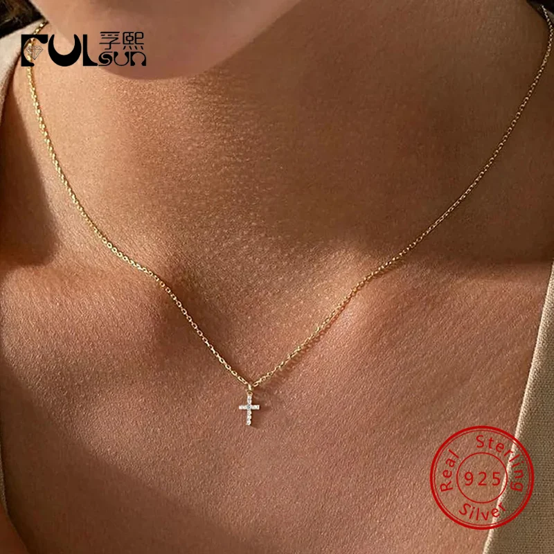 Image of 925 Sterling Silber 14K Gold/Rhodium Plattiert Mini Kreuz Zirkon Anhänger Halskette Damen Zierlicher Schlüsselbein-Schmuck Feiner Schmuck Geschenk