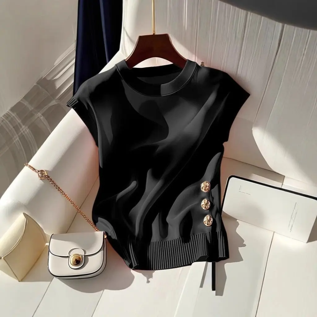 

Women's Pink round Neck Knitted T-shirt French Style Light Luxury Sleeveless Summer Top Chic Age-reducing Super Nice