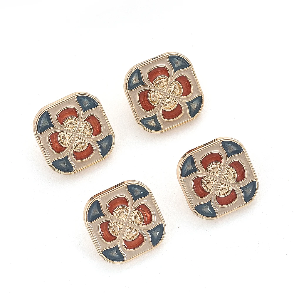 6pcs Vintage Drip Glaze Alloy Buttons Square Flower Single Hole Sweater Cardigan Decoration Clothing Sewing Supplies Accessories