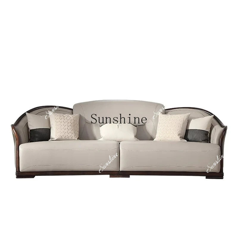 New Chinese light luxury solid wood leather sofa living room first layer cowhide three-person sofa