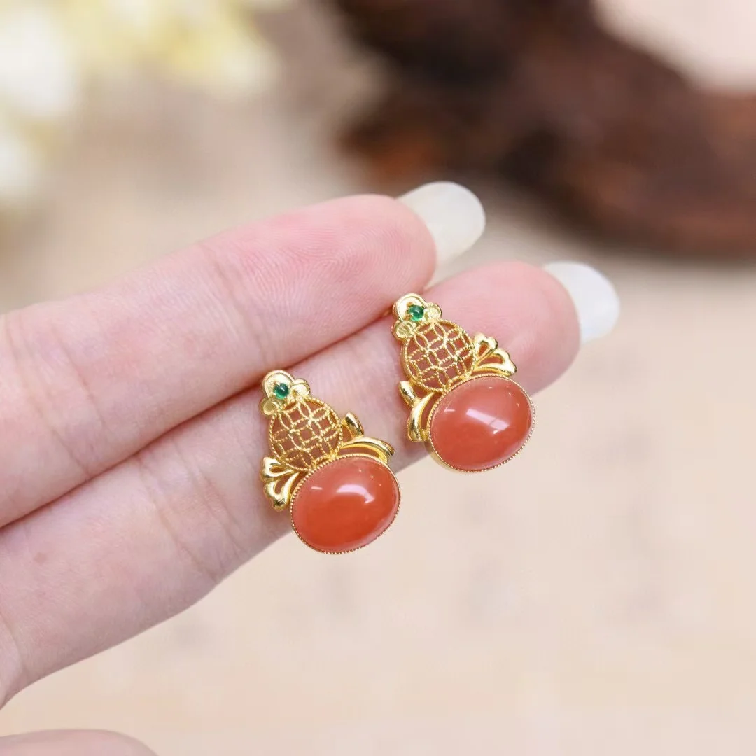 

Certificated 925 Silver Natural Southern Red Agate Ear Drop Dangle Vintage Neo-Chinese Style Filigree Red Stone Earring Jewelry