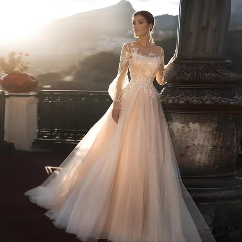 

Exquisite Illusion Long Sleeve O-Ncek A-Line Women Dress with Appliques Button Draped Bridal Gown Customized robe de mariée