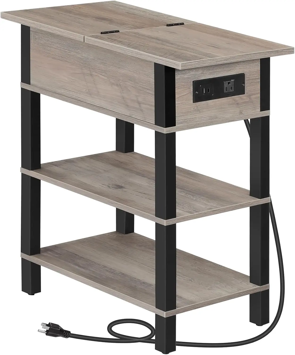

End Table with Charging Station, Flip Top Side Table with USB Ports, Narrow Nightstand Bedside Tables with Storage Shelves, f