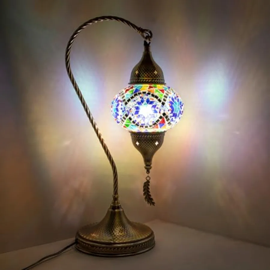 

Turkish Moroccan Mosaic Table Lamp - 19" Tiffany Style Bedside Light with Bronze Base, 3 Color Options LED, Handmade Boho Accen