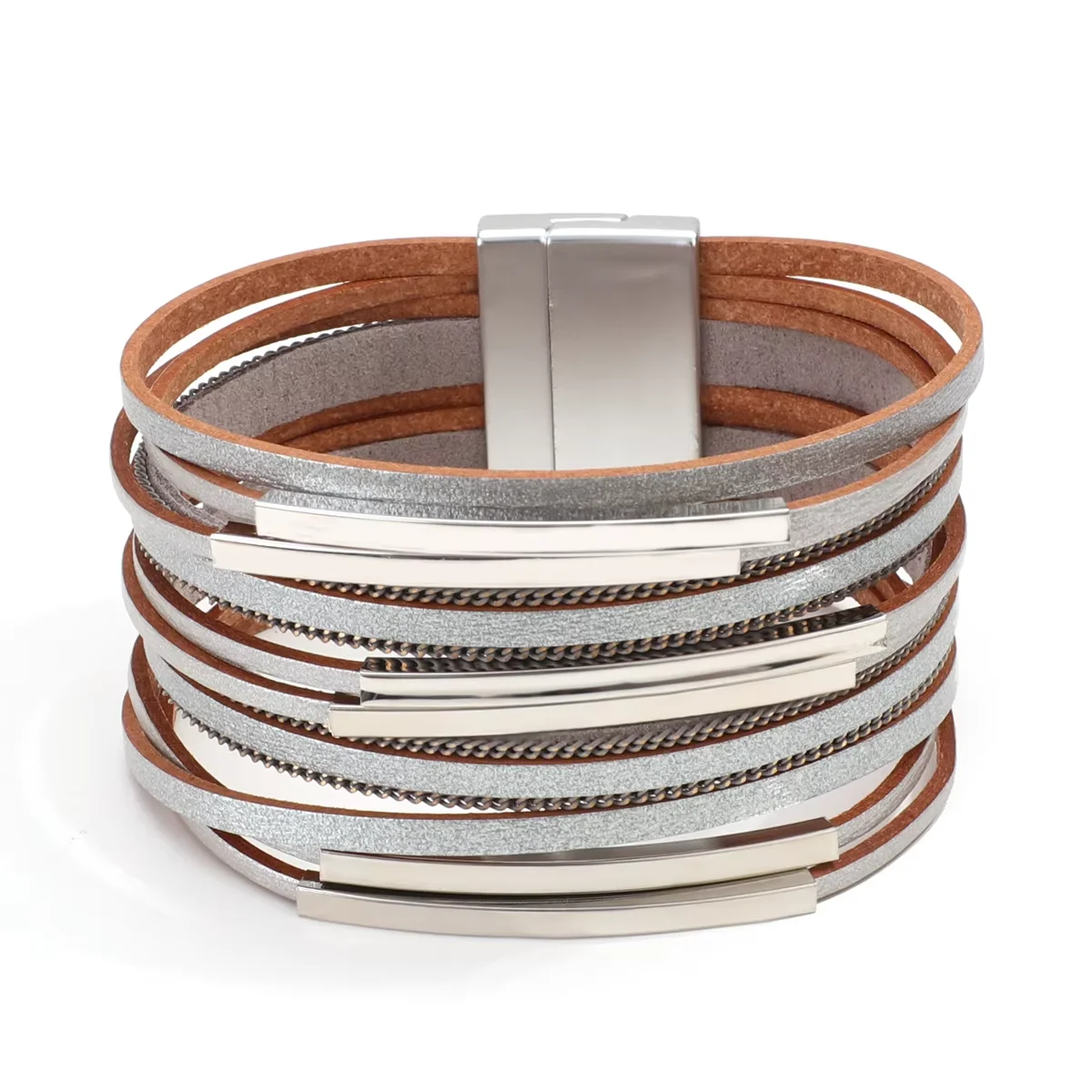 ALLYES Boho Multilayer Slim Leather Bracelets for Women Fashion Metal Tube Chain Wrap Bracelet Bangle Female Jewelry