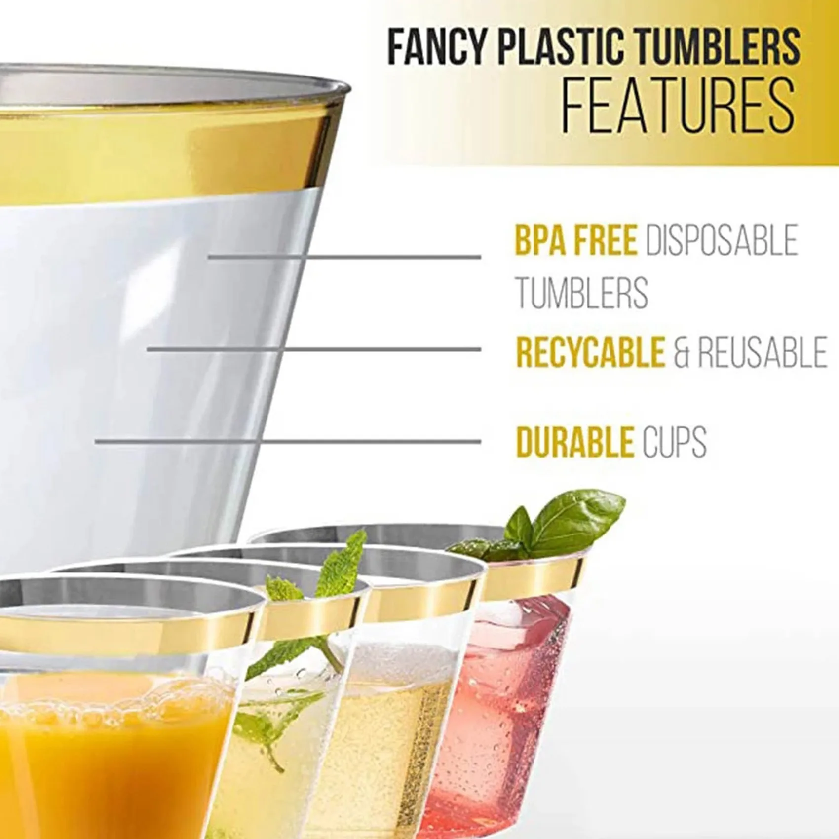 Plastic Cup 9 Oz Hard Disposable Cup Plastic Wine Glass Party Wedding Wine Glass Transparent Plastic Cup -Gold Rim