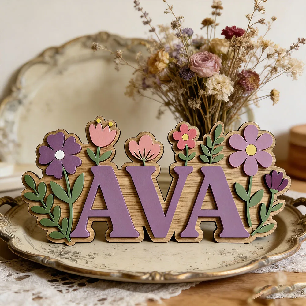 Custom 3D Flower Wreath Name Door Sign for Girls Bedroom Personalized Spring Floral Themed Wooden Nursery Plaque