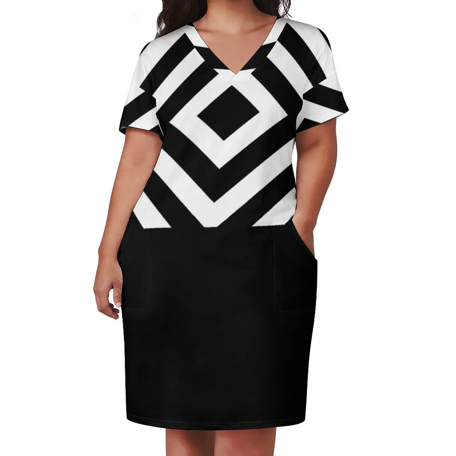 Op Art 60s Mod Triangle Design - Black & White Loose Pocket Dress dresses for woman Women's summer suit