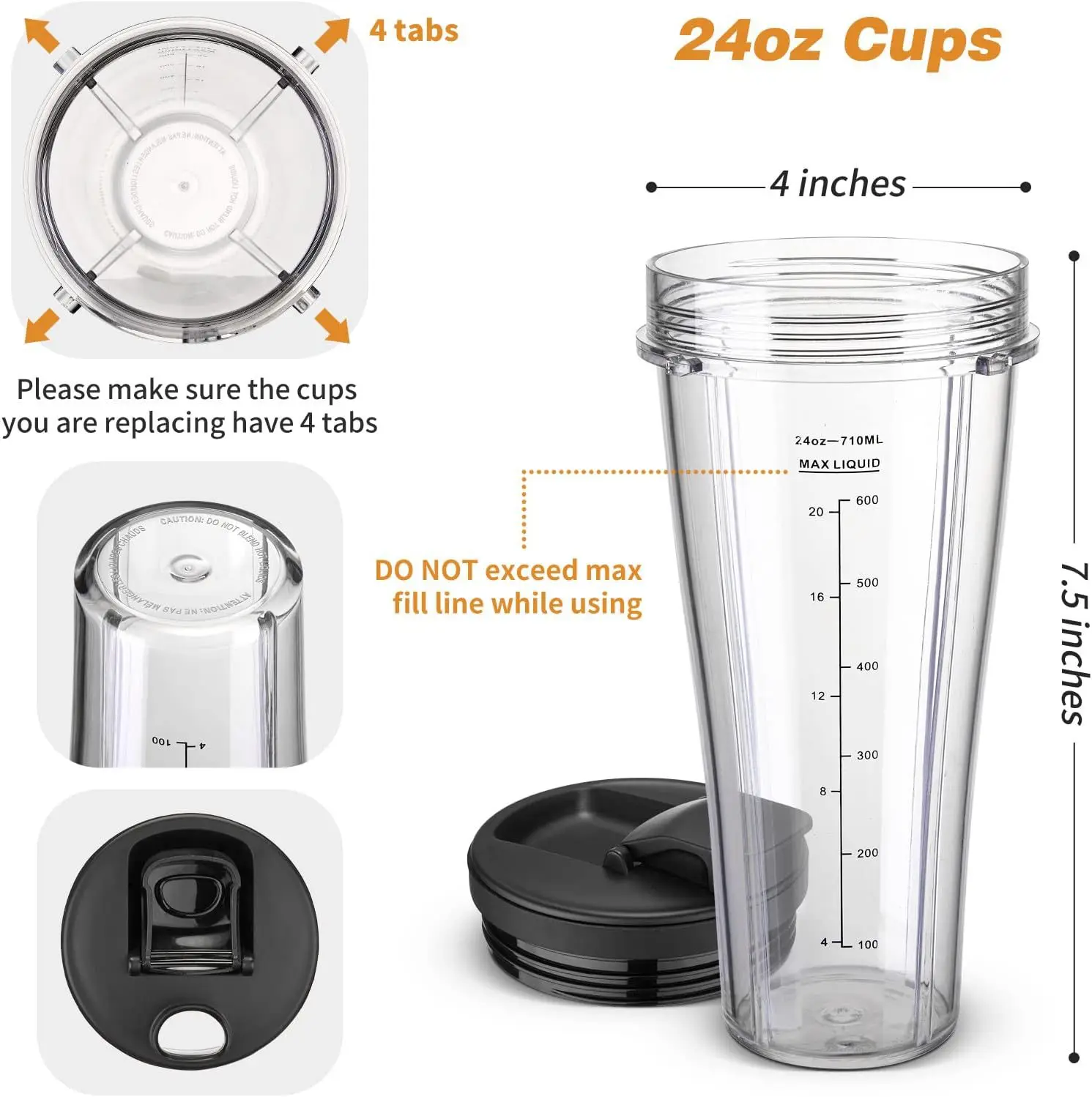 Blender Replacement Parts for Ninja SS101, 24 oz.Slim Single-Serve Cups Kit with To-Go Lids, Fits SS100, SS101, SS300, SS400