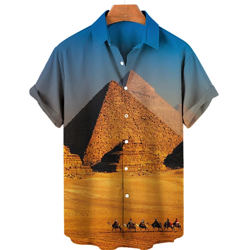 3D Printing World Landscape Historic Sites Shirt Men Fashion Short Sleeve Summer Beachwear Tops Oversized Lapel Hawaiian Shirts