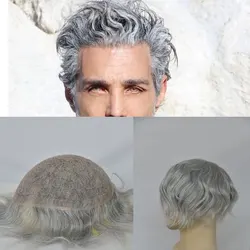 Swiss Full Lace Men's Toupee 1B Black Color Real Human Hair Mixed 80% Grey Synthetic Hair Replacement for Men Hairpiece 10X8