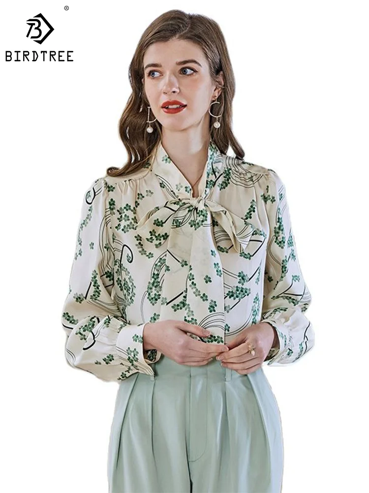 

Birdtree 100%Real Silk Woman Floral Shirt Single Breasted Bow Collar Printed Blouses 2023 Spring Summer Office Lady Top T38117QM