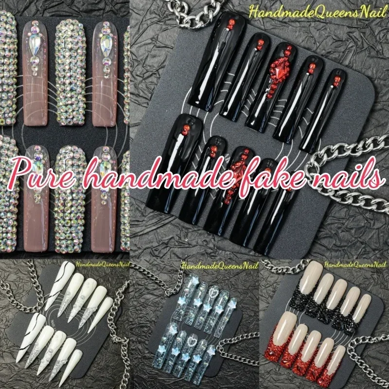 

10-piece handmade press-on nail manicure set rhinestone pearl star long ballet-shaped teardrop-shaped full coverage design