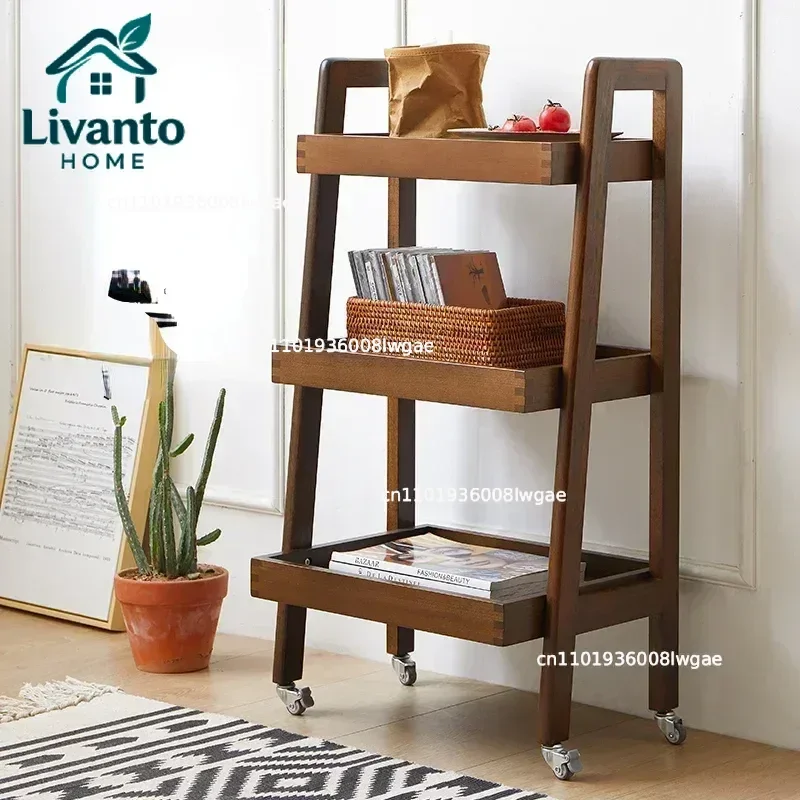 

Farmhouse Solid Wood Rolling Cart with Wheels Mobile Kitchen Organizer for Plants Books Bathroom Rustic Side Table Storage Shelf