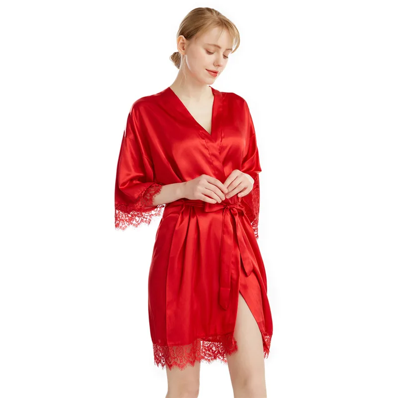 

Sexy Superior Sense Nightwear Imitated Silk Luxury Noble Nightgown Lace Lace Seven-Point Sleeve Women'S Home Bathrobe Lace Edge