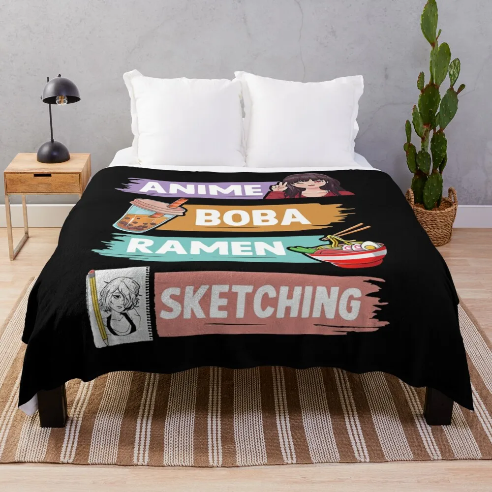 anime boba ramen sketching otaku kawaii anime girl shirt Throw Blanket anime Camping Plaid on the sofa blankets ands Blankets