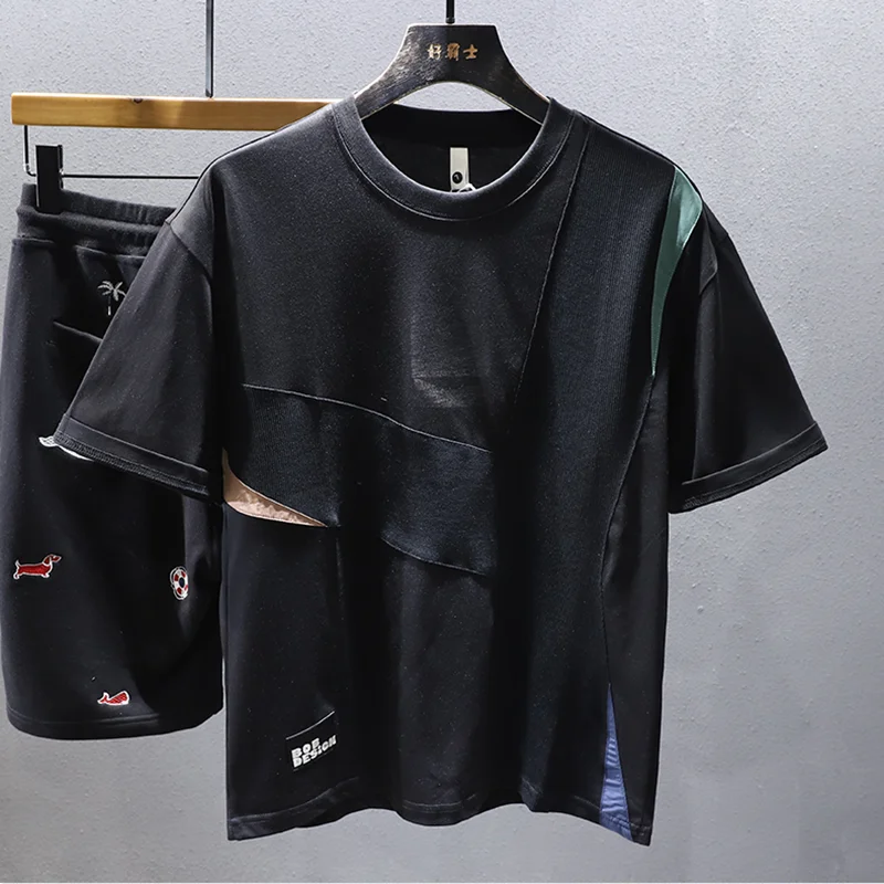 Summer Spliced Hit Color Short Sleeve Men O Neck T Shirts Fashion Hip Hop Casual 2xl Oversized Clothing Black White Daily Wear