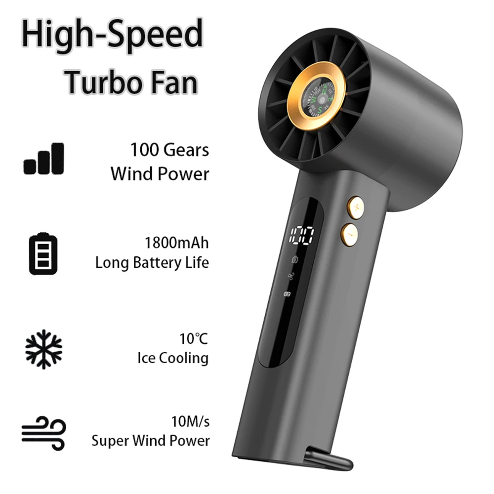 Begrenzte Aktie! 10 m/s Violent Turbo 100-Gang-Handventilator für den Außenbereich, Sommerkühlung, USB-betrieben, Kompass inklusive für Wanderreisen