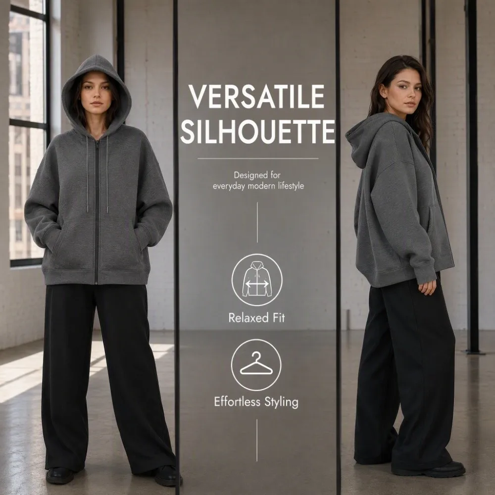Einfacher, lockerer Oversize-Hoodie, Sweatshirt, einfarbiger Mantel, Streetwear, Hoodie mit Reißverschluss, schicke Kapuzenjacke, lässig – Detail 11