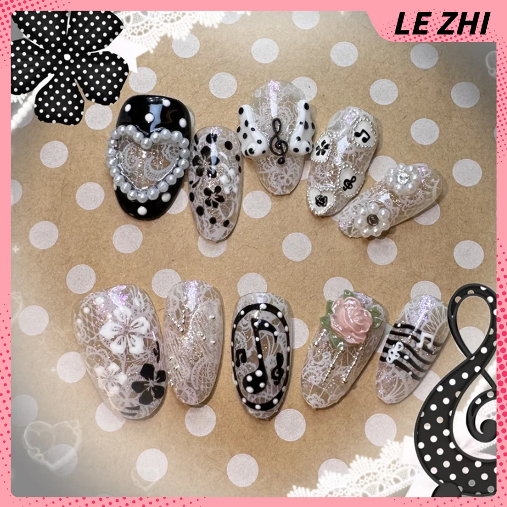 10Pcs Y2K Kawaii Handmade Short Square Ellipse Press On Nails Flower Pearl Diamond Wing Four Leaf Clover Musical Notes Fake Nail