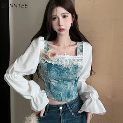 French Retro Short Shirts Women Flare Sleeve 3D Flowers Lace Patchwork Print Square Collar Slim Design Spring Autumn Sweet Chic