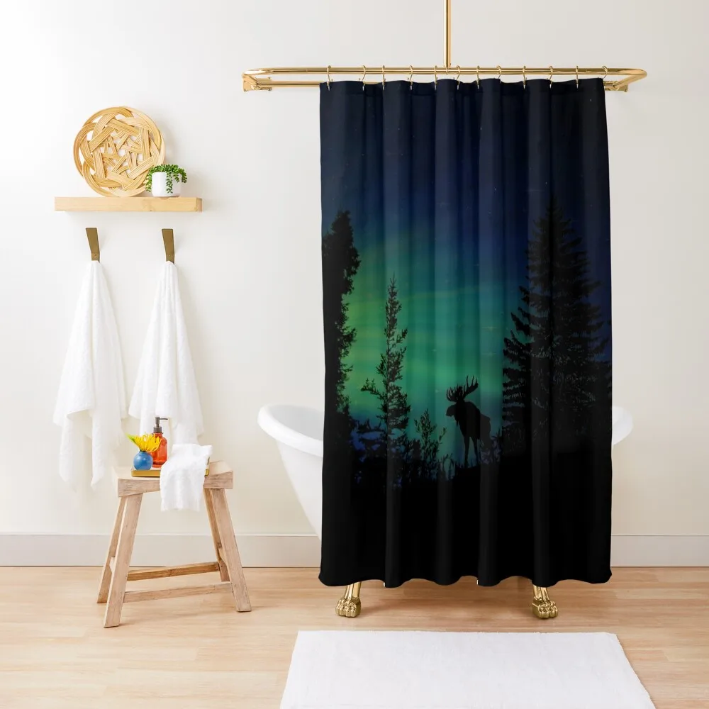 

Moose with Northern Lights Shower Curtain Shower Sets For Bathroom Washable Waterproof Fabric Shower Curtain