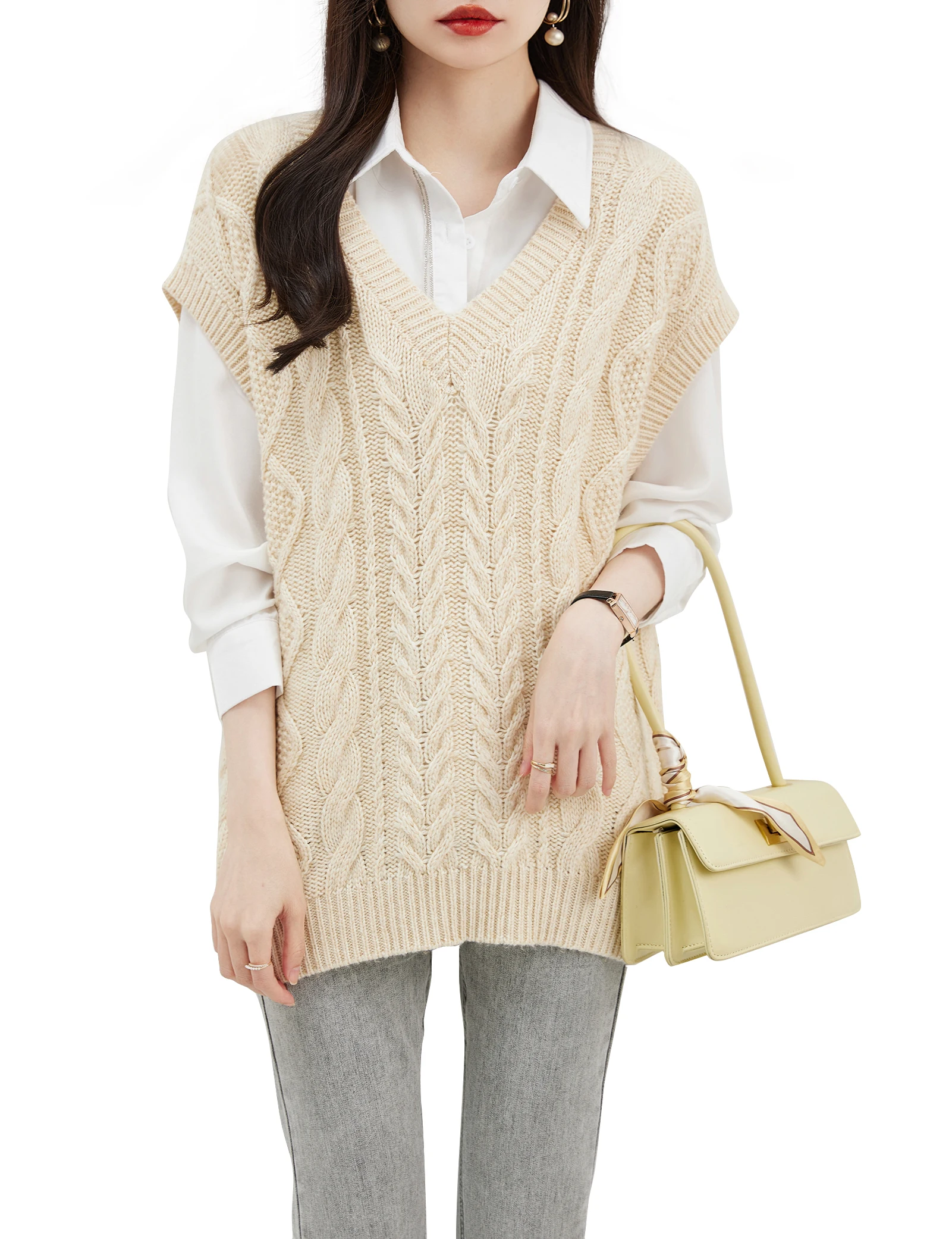 EU Size Sweaters Women Merino Wool Women's Sweater Vest 2023 Fall Winter V-Neck Tops Sleeveless Knit Pullover Vintage Vest Beige