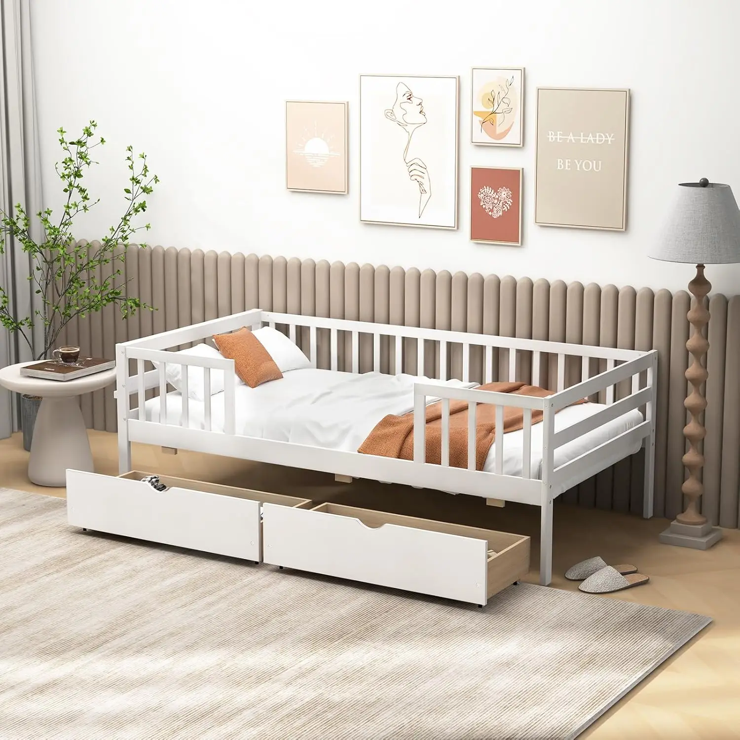 Wood Twin Kids Bed Frame with 2 Pull-Out Drawers & Side Shelf, Twin Bed Frame with Fence Railings, No Box Spring Needed