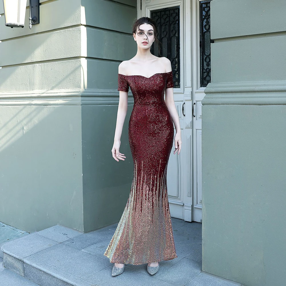 Vestido Formal barato con hombros descubiertos, vestido de manga corta con lentejuelas brillantes, vestidos de bienvenida de noche para mujer, fiesta de Gala de graduación de cumpleaños Sexy