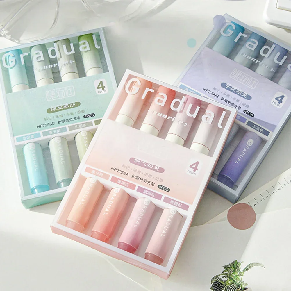 4pcs/set Macaron Color Gradient Highlighter Pens Kawaii Stationery Students Marker Pen Drawing Tool Cute School Office Supplies