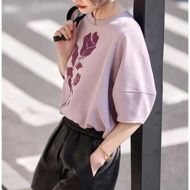 Spring Summer New Women's Round Neck Solid Color Sporty Korean Hoodies Embroidered Loose Casual Half Sleeve T-Shirts Tops E5198