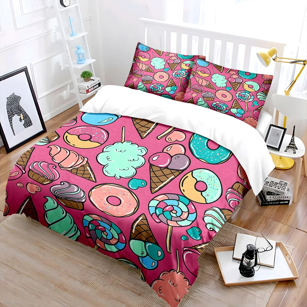 Dessert-themed pop cartoon style Print Bedding Set 1 Duvet Cover 2 Pillowcases for Adult and Children Luxury Gift Full Size