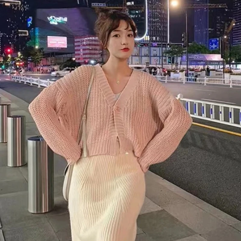 Fashion Autumn Elegant V-neck Women Knitwear Long Sleeve Cardigan Sweater Winter Warm Casual Loose Solid Color Knitted Top