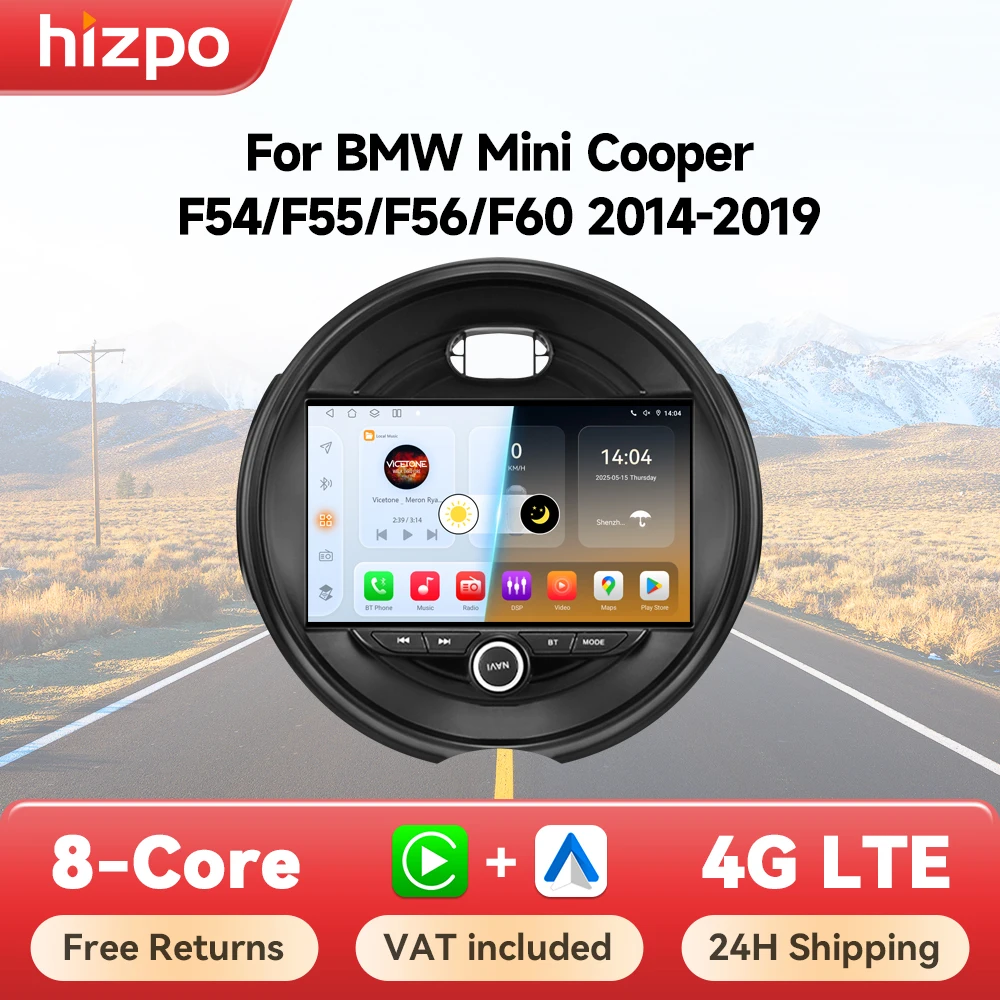 Hizpo Android 14 Carplay Auto 9 Zoll Bildschirm Multimedia-Player für BMW Mini Cooper F54 F55 F56 F60 2014 - 2019 Radio Autoradio Stereo GPS RDS DSP BT