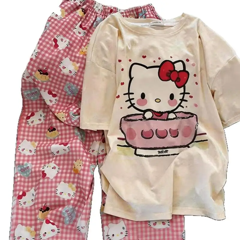 Hello Kitty Summer New Sweet Pajamas Women's Large Size Short-Sleeved Trousers Suit Outer Wear Comfortable Home Clothes Cute