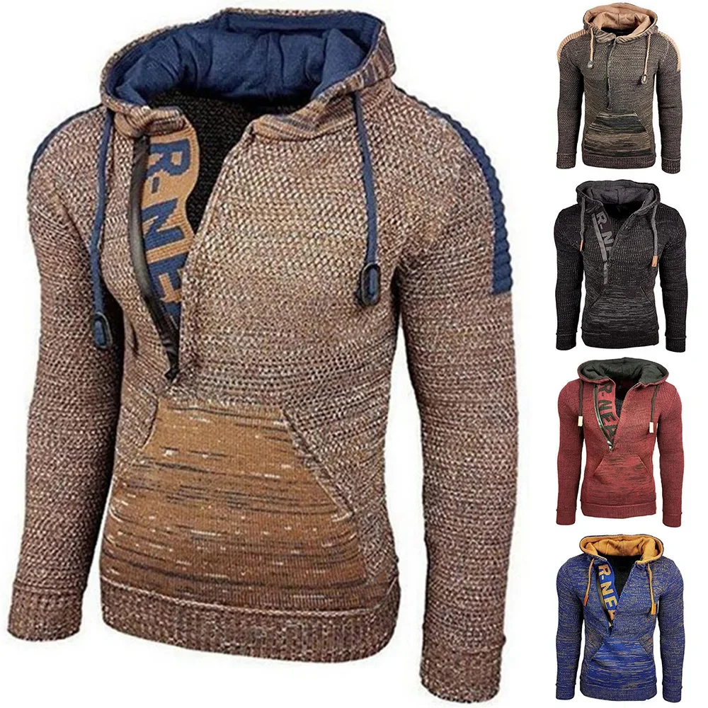 Autumn and Winter Knitted Hooded Sweater Mens Color Matching Slim Pullover Sweater Men